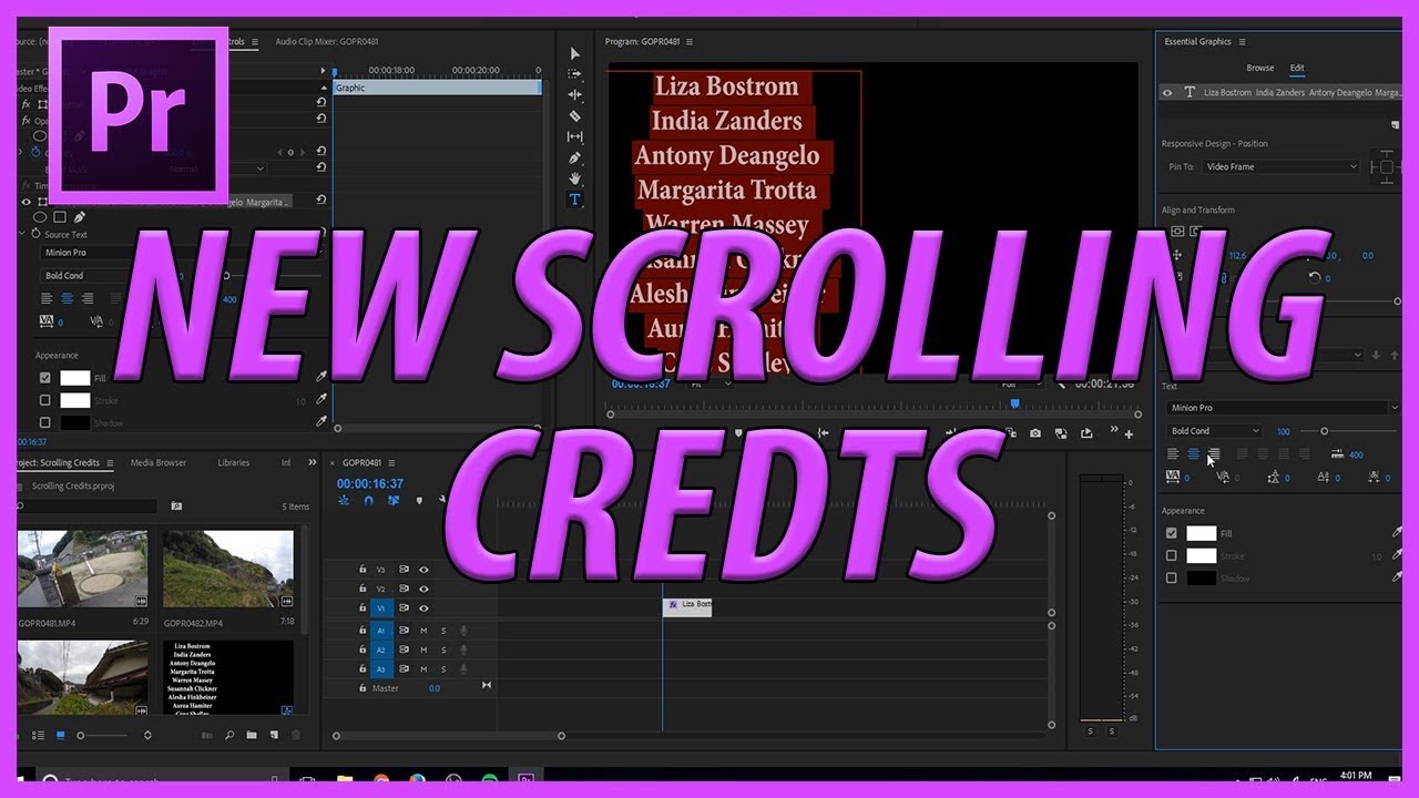 How to Create Scrolling Credits in Adobe Premiere Pro CC 2018 with the Roll Feature.